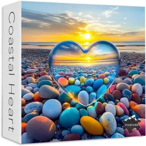 Crystal Heart Puzzles for Adults 1000 Pieces, PICKFORU Colorful Summer Beach Sunset Jigsaw Puzzles, Difficult Love Cobblestone Theme as Home Decor