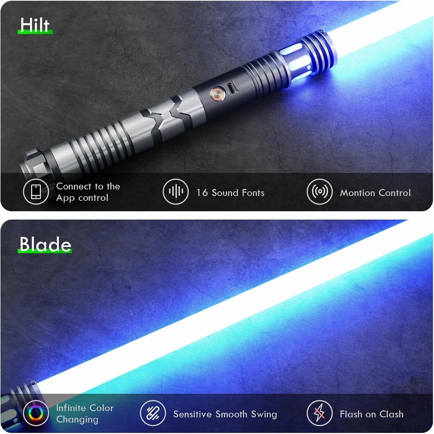 CUSTOM SABER Motion Control RGBX Light Saber, 16 Sound Fonts, Support Dueling, With Belt Clip and Blade Plug - Gray