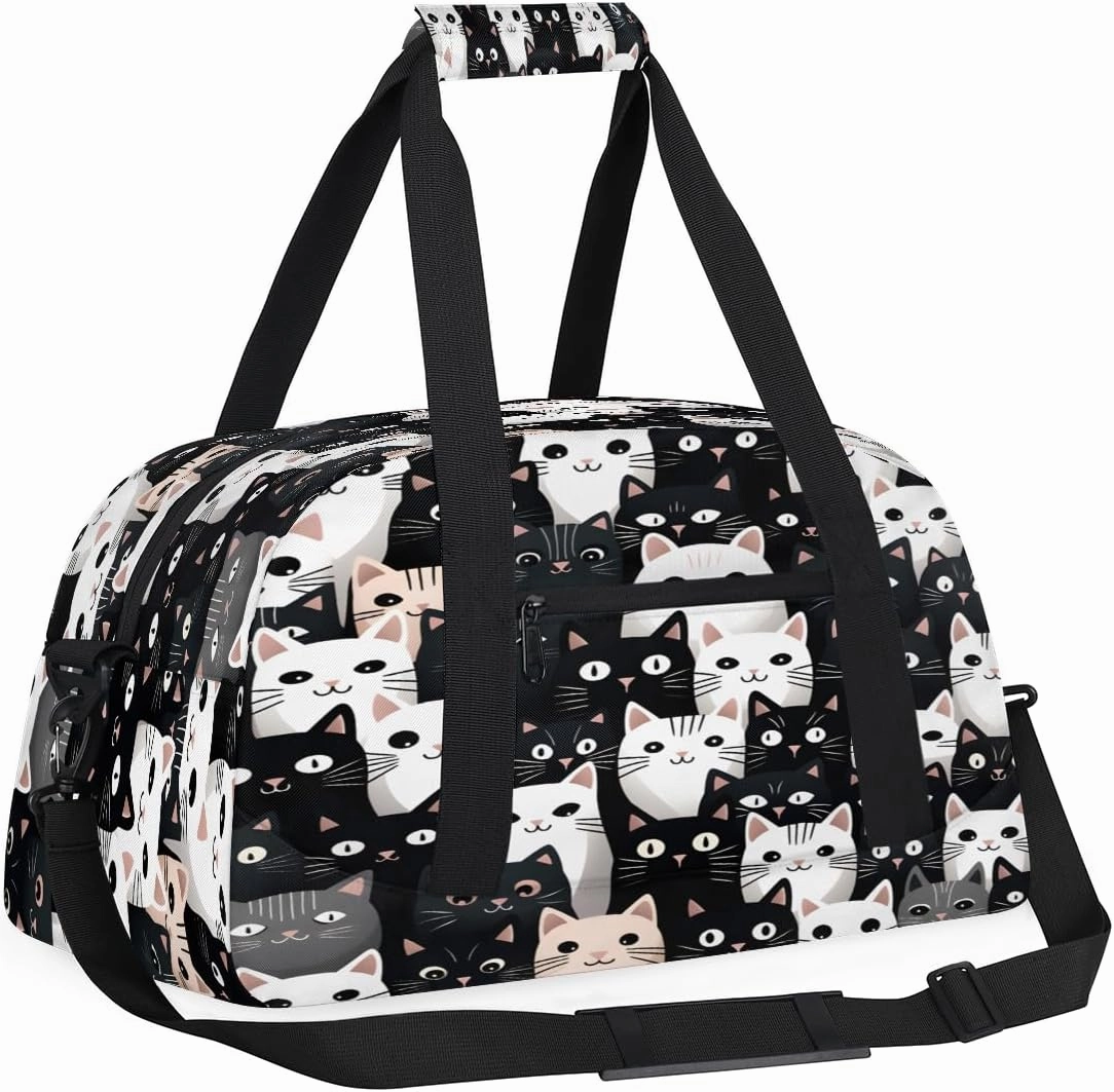 Cute Cat Kids Overnighter Duffel Bags for Boys, Carry-On Size Sports Gym Bag with Front Zipper Pocket for School Practice or Overnight Travel Weekender Sleepover Tote Bag