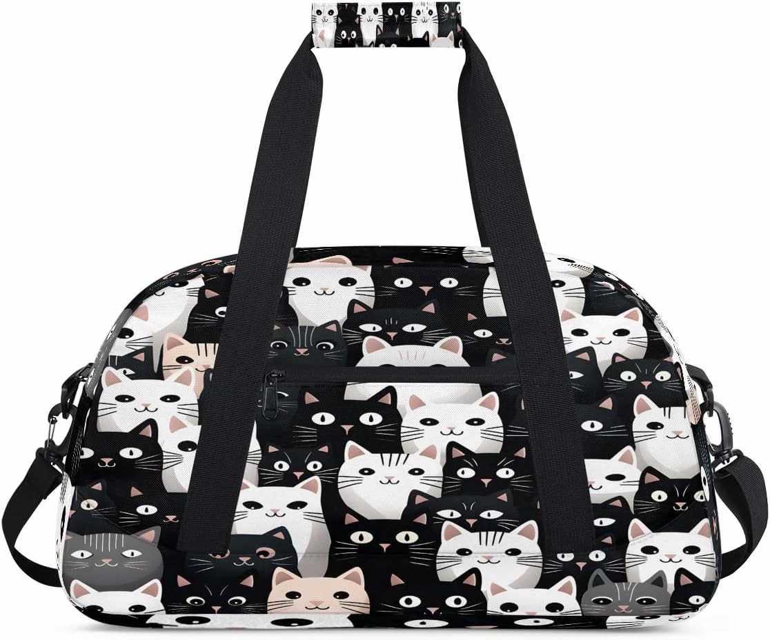 Cute Cat Kids Overnighter Duffel Bags for Boys, Carry-On Size Sports Gym Bag with Front Zipper Pocket for School Practice or Overnight Travel Weekender Sleepover Tote Bag