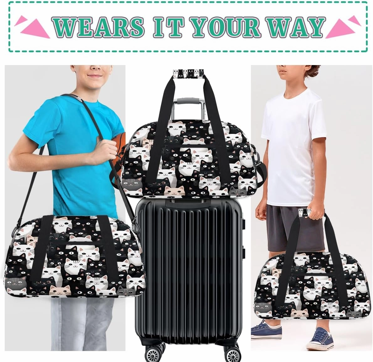 Cute Cat Kids Overnighter Duffel Bags for Boys, Carry-On Size Sports Gym Bag with Front Zipper Pocket for School Practice or Overnight Travel Weekender Sleepover Tote Bag