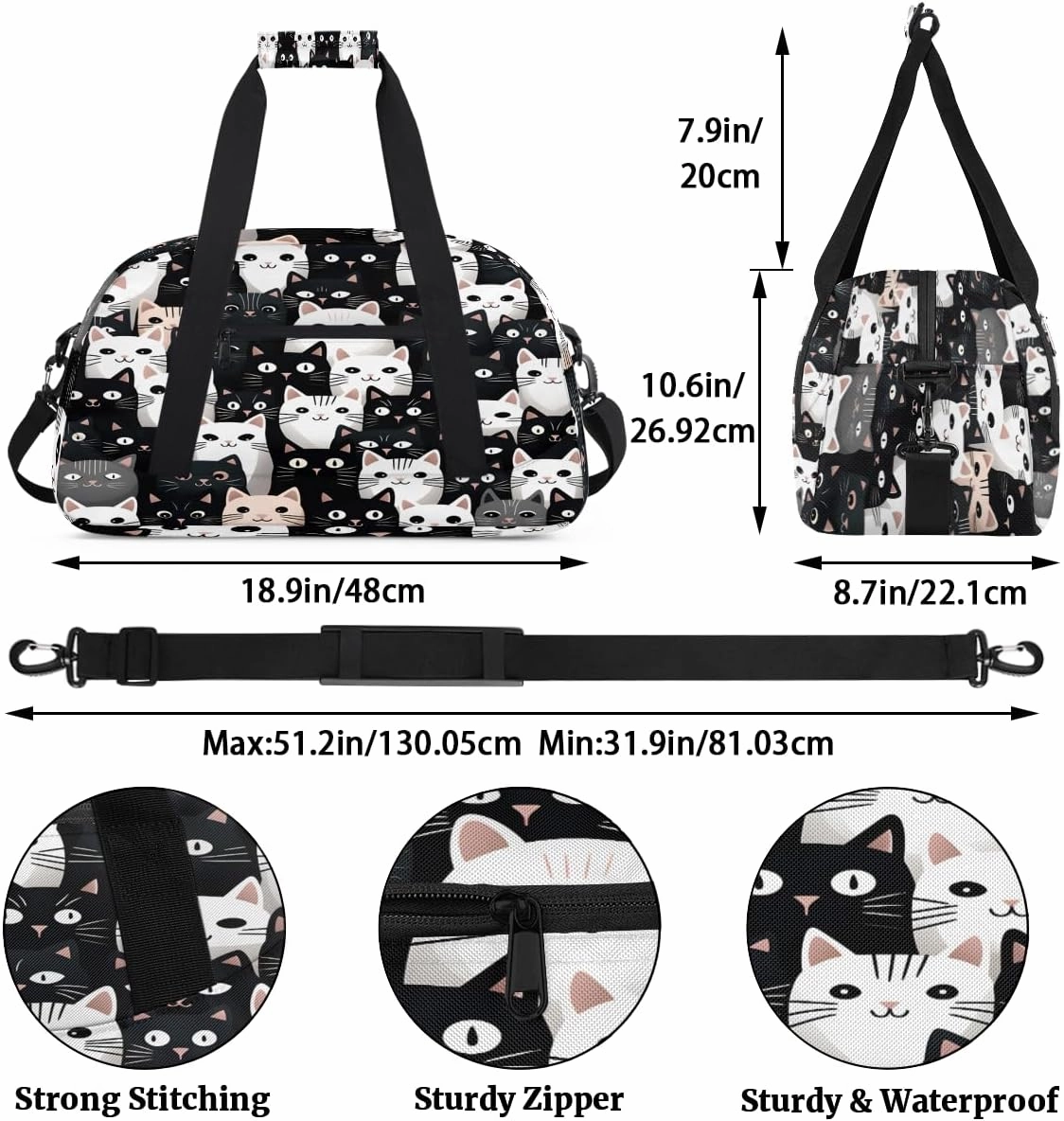 Cute Cat Kids Overnighter Duffel Bags for Boys, Carry-On Size Sports Gym Bag with Front Zipper Pocket for School Practice or Overnight Travel Weekender Sleepover Tote Bag