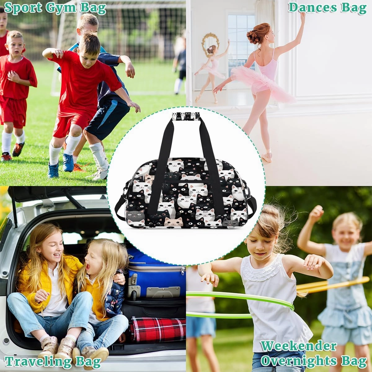 Cute Cat Kids Overnighter Duffel Bags for Boys, Carry-On Size Sports Gym Bag with Front Zipper Pocket for School Practice or Overnight Travel Weekender Sleepover Tote Bag
