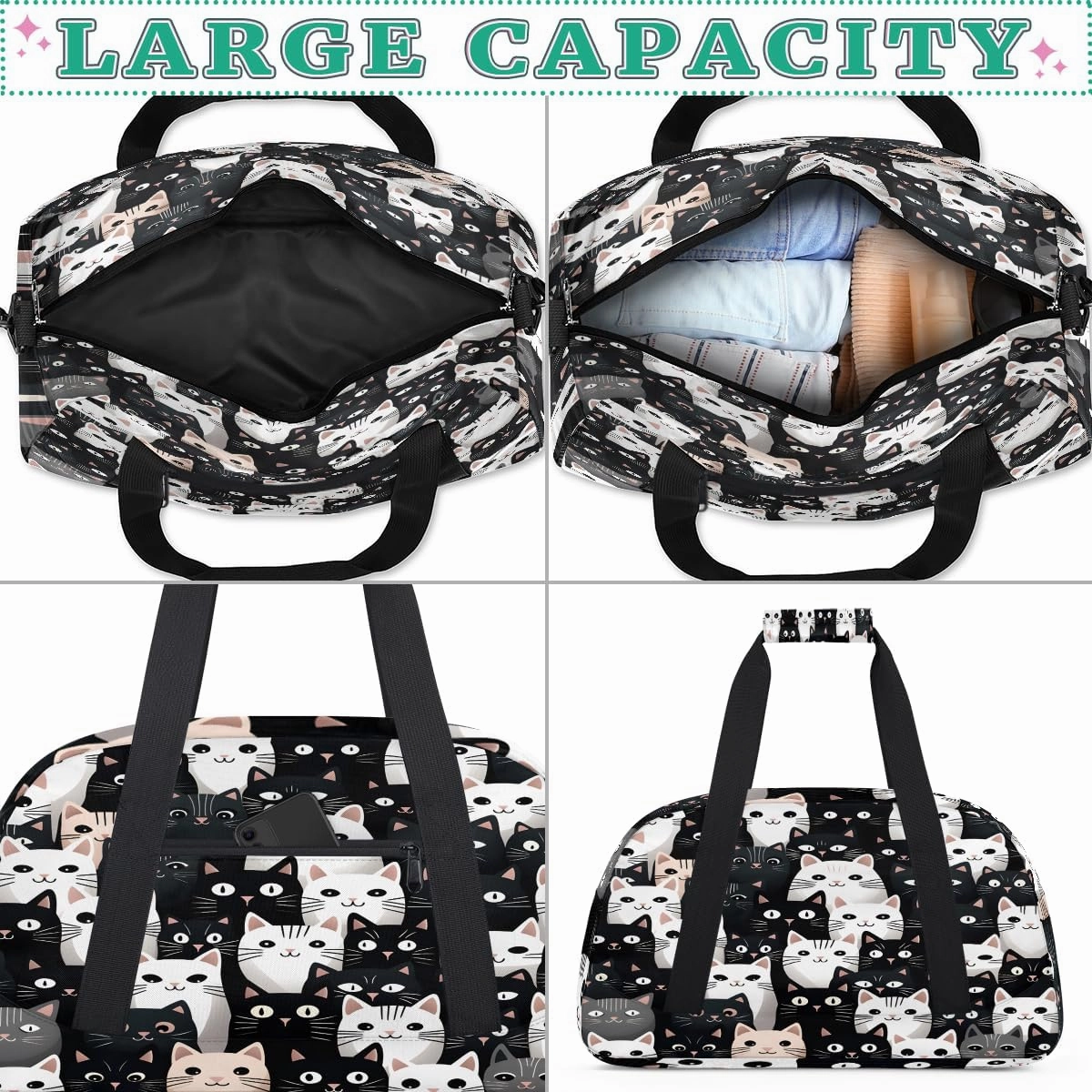 Cute Cat Kids Overnighter Duffel Bags for Boys, Carry-On Size Sports Gym Bag with Front Zipper Pocket for School Practice or Overnight Travel Weekender Sleepover Tote Bag