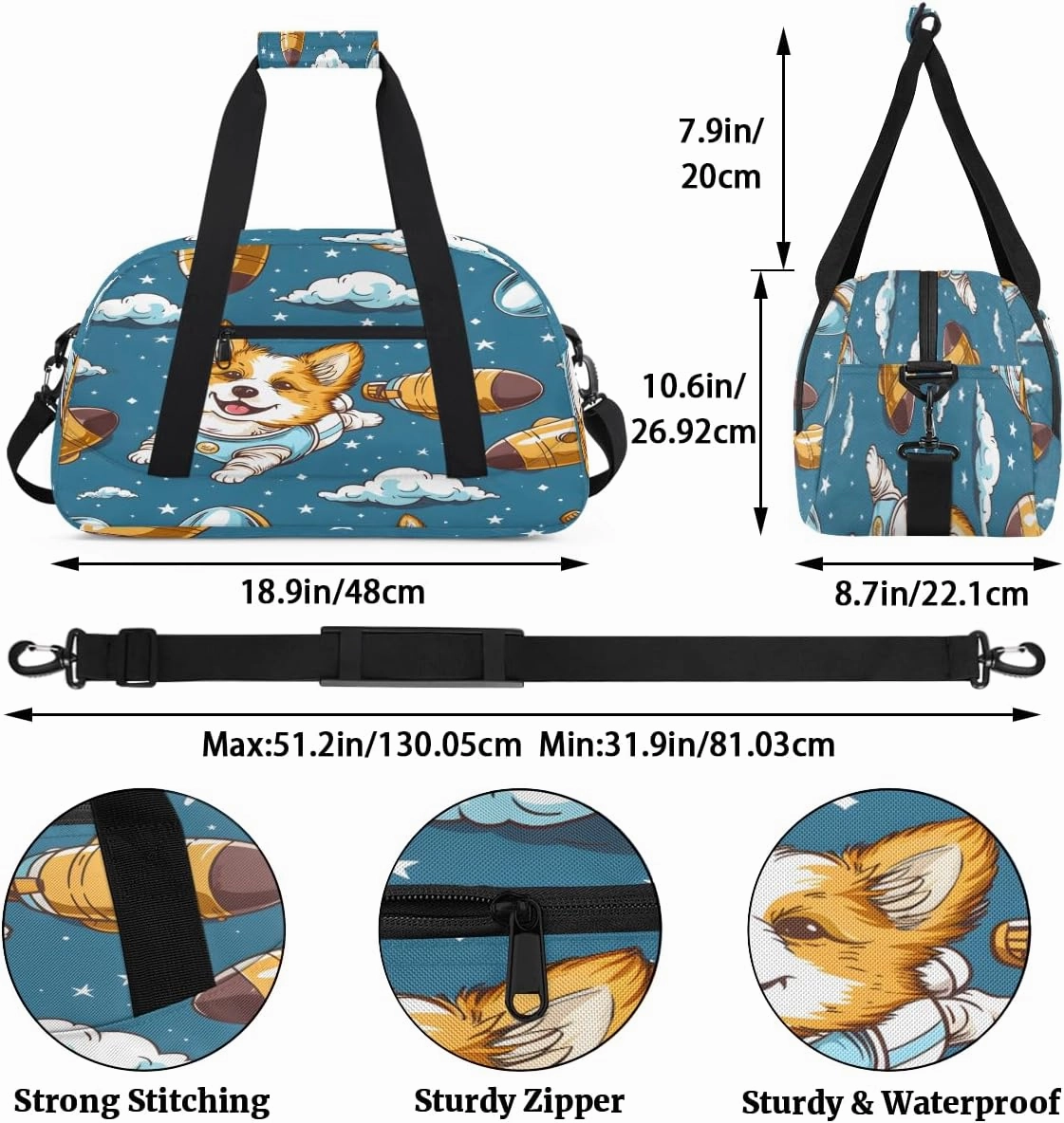 Cute Dog Flying In Space Kids Overnighter Duffel Bags for Boys, Carry-On Size Sports Gym Bag with Front Zipper Pocket for School Practice or Overnight Travel Weekender Sleepover Tote Bag