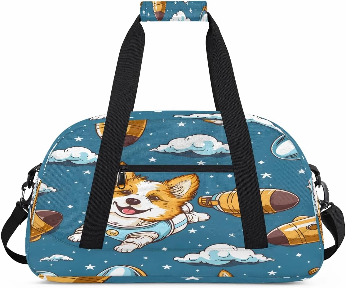 Cute Dog Flying In Space Kids Overnighter Duffel Bags for Boys, Carry-On Size Sports Gym Bag with Front Zipper Pocket for School Practice or Overnight Travel Weekender Sleepover Tote Bag