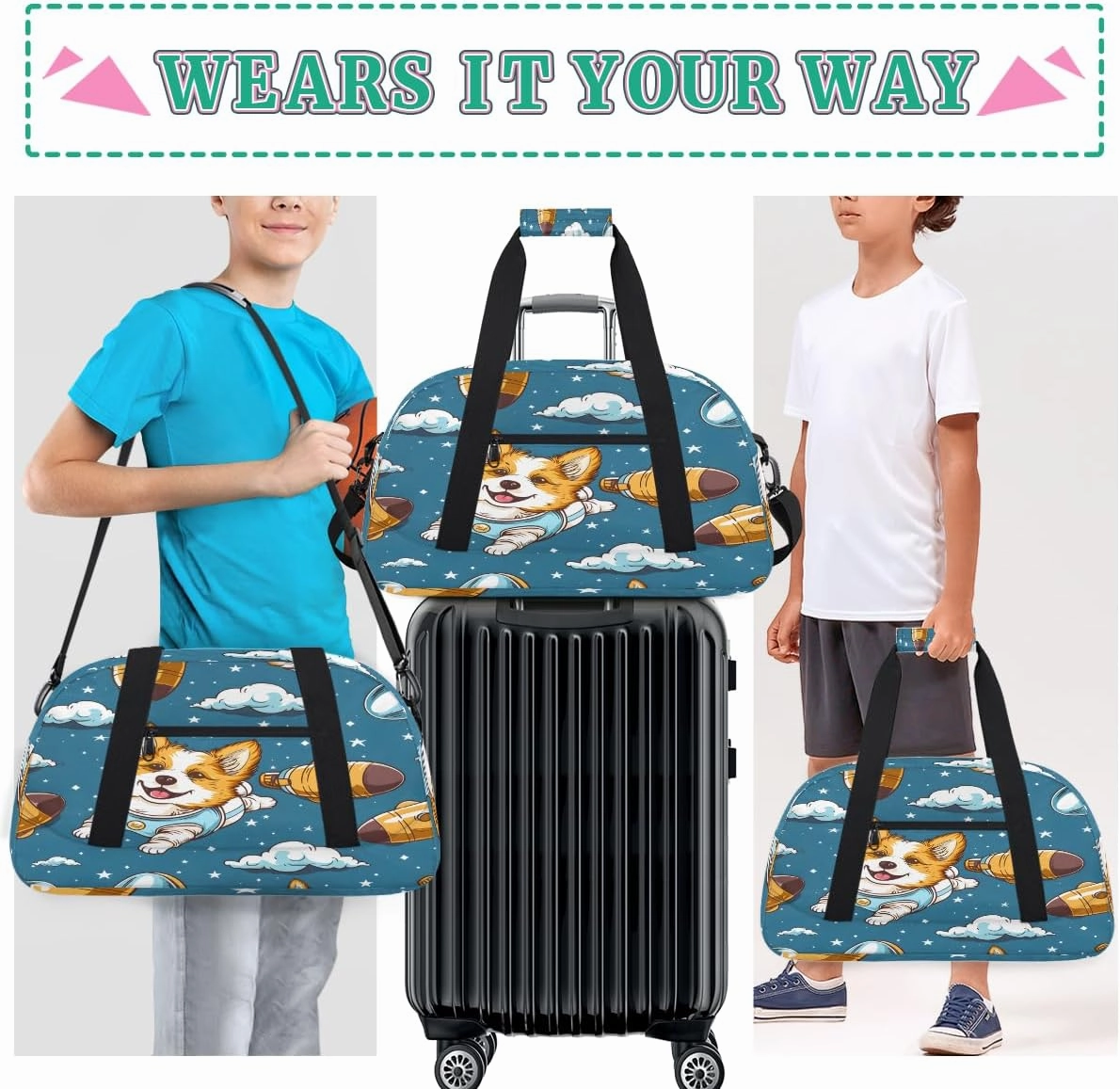 Cute Dog Flying In Space Kids Overnighter Duffel Bags for Boys, Carry-On Size Sports Gym Bag with Front Zipper Pocket for School Practice or Overnight Travel Weekender Sleepover Tote Bag