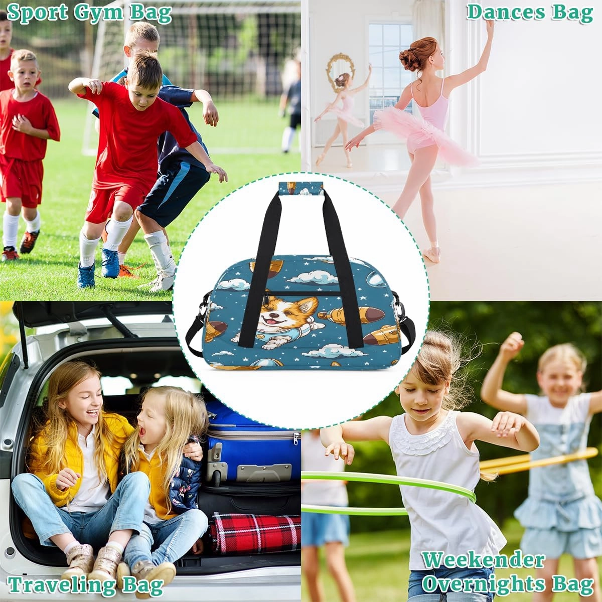 Cute Dog Flying In Space Kids Overnighter Duffel Bags for Boys, Carry-On Size Sports Gym Bag with Front Zipper Pocket for School Practice or Overnight Travel Weekender Sleepover Tote Bag
