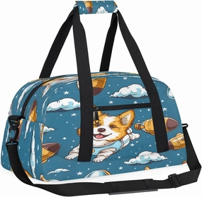 Cute Dog Flying In Space Kids Overnighter Duffel Bags for Boys, Carry-On Size Sports Gym Bag with Front Zipper Pocket for School Practice or Overnight Travel Weekender Sleepover Tote Bag