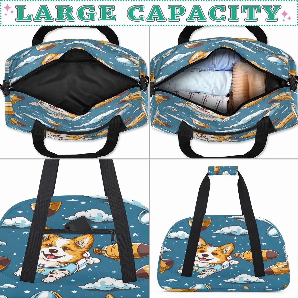 Cute Dog Flying In Space Kids Overnighter Duffel Bags for Boys, Carry-On Size Sports Gym Bag with Front Zipper Pocket for School Practice or Overnight Travel Weekender Sleepover Tote Bag