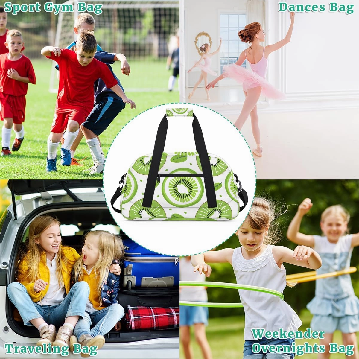 Cute Kiwi Kids Overnighter Duffel Bags for Boys, Carry-On Size Sports Gym Bag with Front Zipper Pocket for School Practice or Overnight Travel Weekender Sleepover Tote Bag