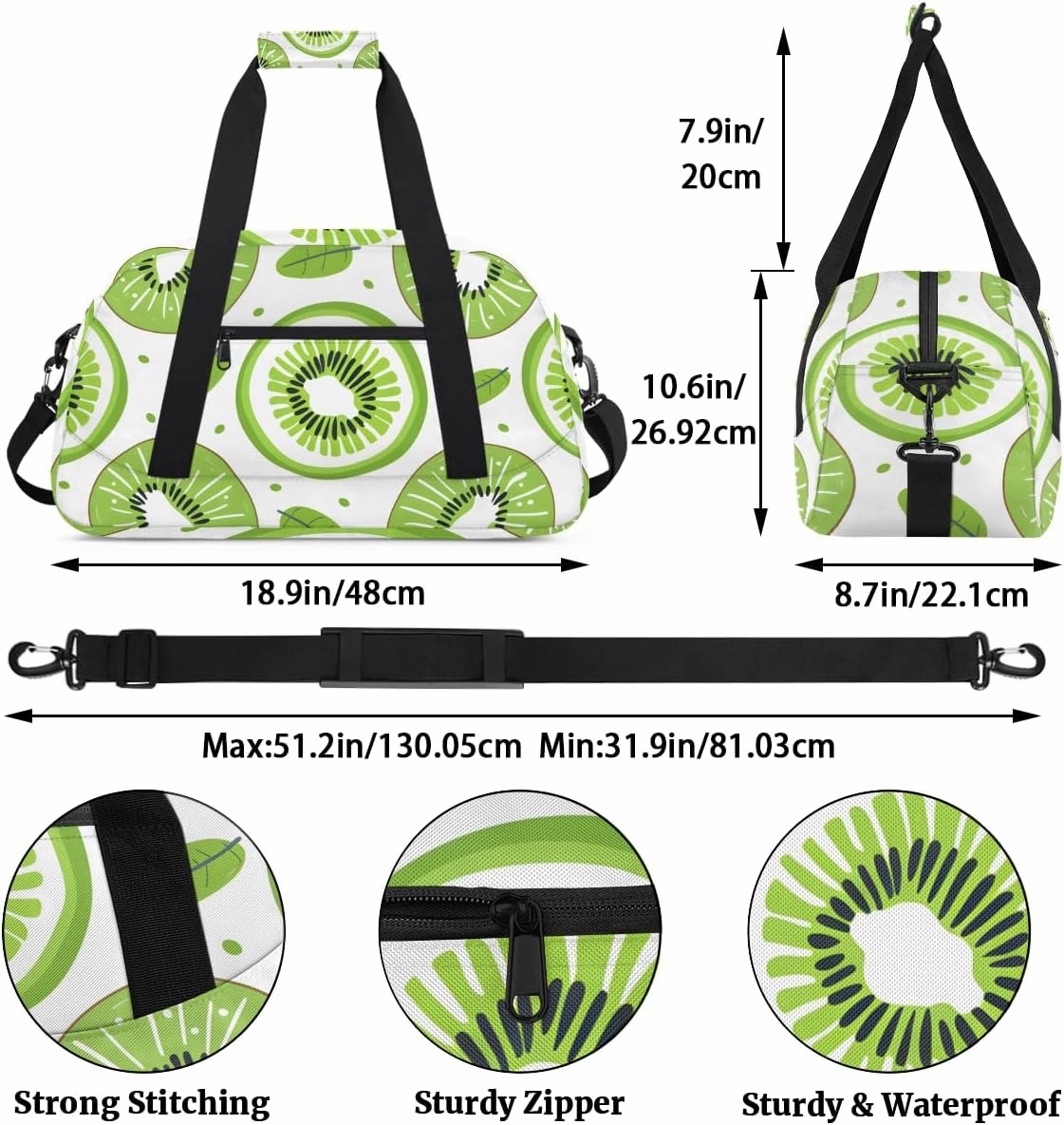 Cute Kiwi Kids Overnighter Duffel Bags for Boys, Carry-On Size Sports Gym Bag with Front Zipper Pocket for School Practice or Overnight Travel Weekender Sleepover Tote Bag