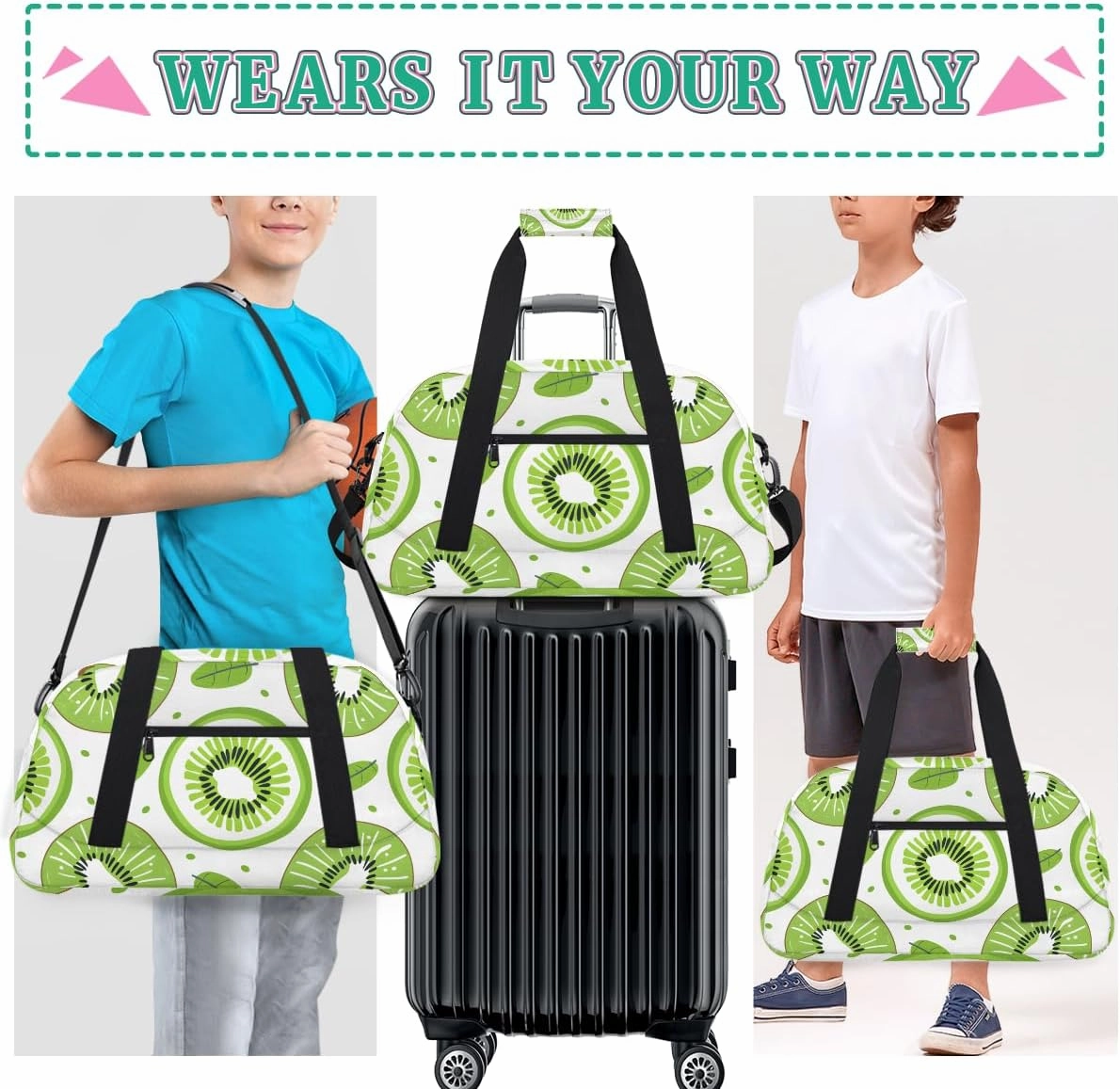 Cute Kiwi Kids Overnighter Duffel Bags for Boys, Carry-On Size Sports Gym Bag with Front Zipper Pocket for School Practice or Overnight Travel Weekender Sleepover Tote Bag