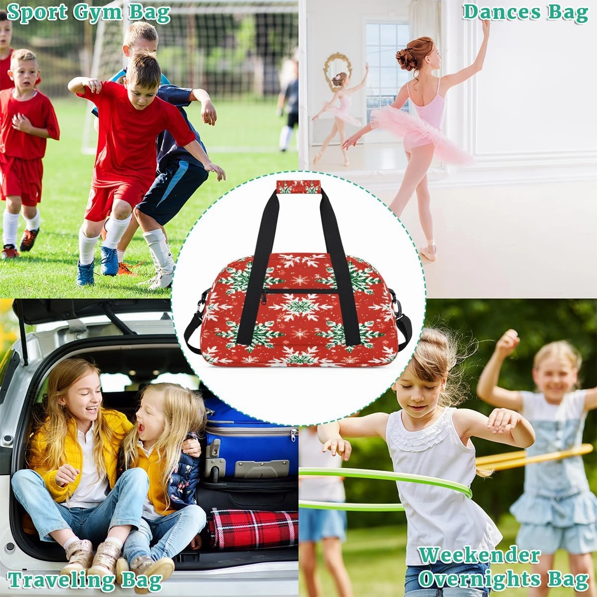 Cute Snowflake Kids Overnighter Duffel Bags for Boys, Carry-On Size Sports Gym Bag with Front Zipper Pocket for School Practice or Overnight Travel Weekender Sleepover Tote Bag