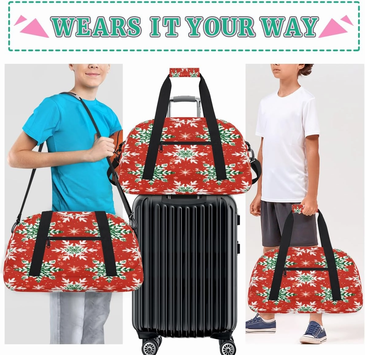 Cute Snowflake Kids Overnighter Duffel Bags for Boys, Carry-On Size Sports Gym Bag with Front Zipper Pocket for School Practice or Overnight Travel Weekender Sleepover Tote Bag