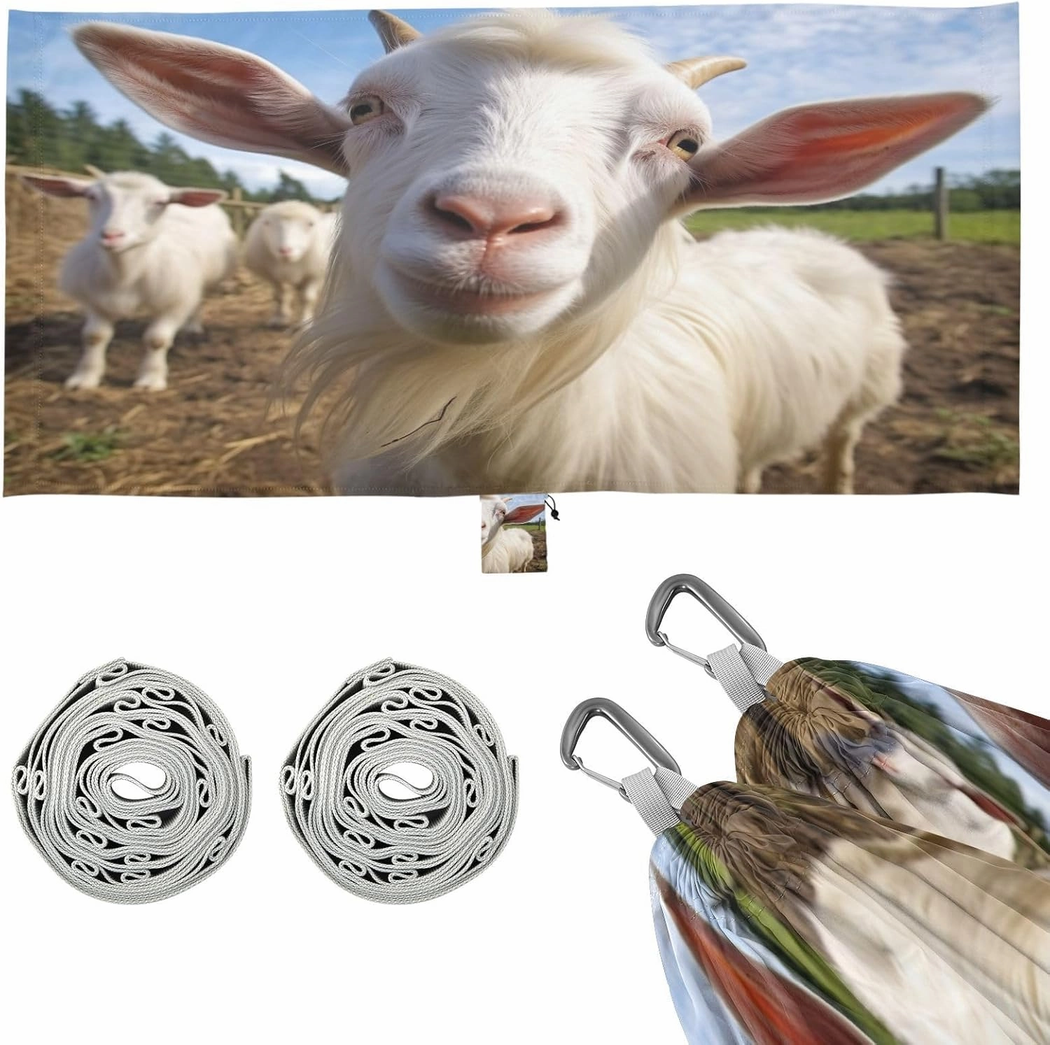 Cute White Goat Camping Hammock, 330 lbs with 2 Tree Straps, Carry Bag, Single Portable Hammock for Outdoor/Indoor, Hiking, Beach, Backpacking, Travel