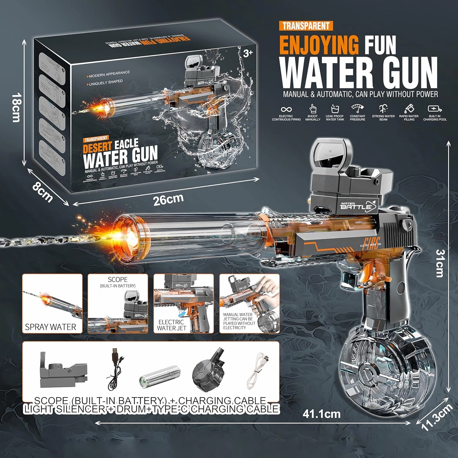 CY05 Electric Water Gun with Lights, Induction Light-Emitting Muzzle, 425ml Water Tank, 26-33Ft Range for Kids Ages 3  (Grey)