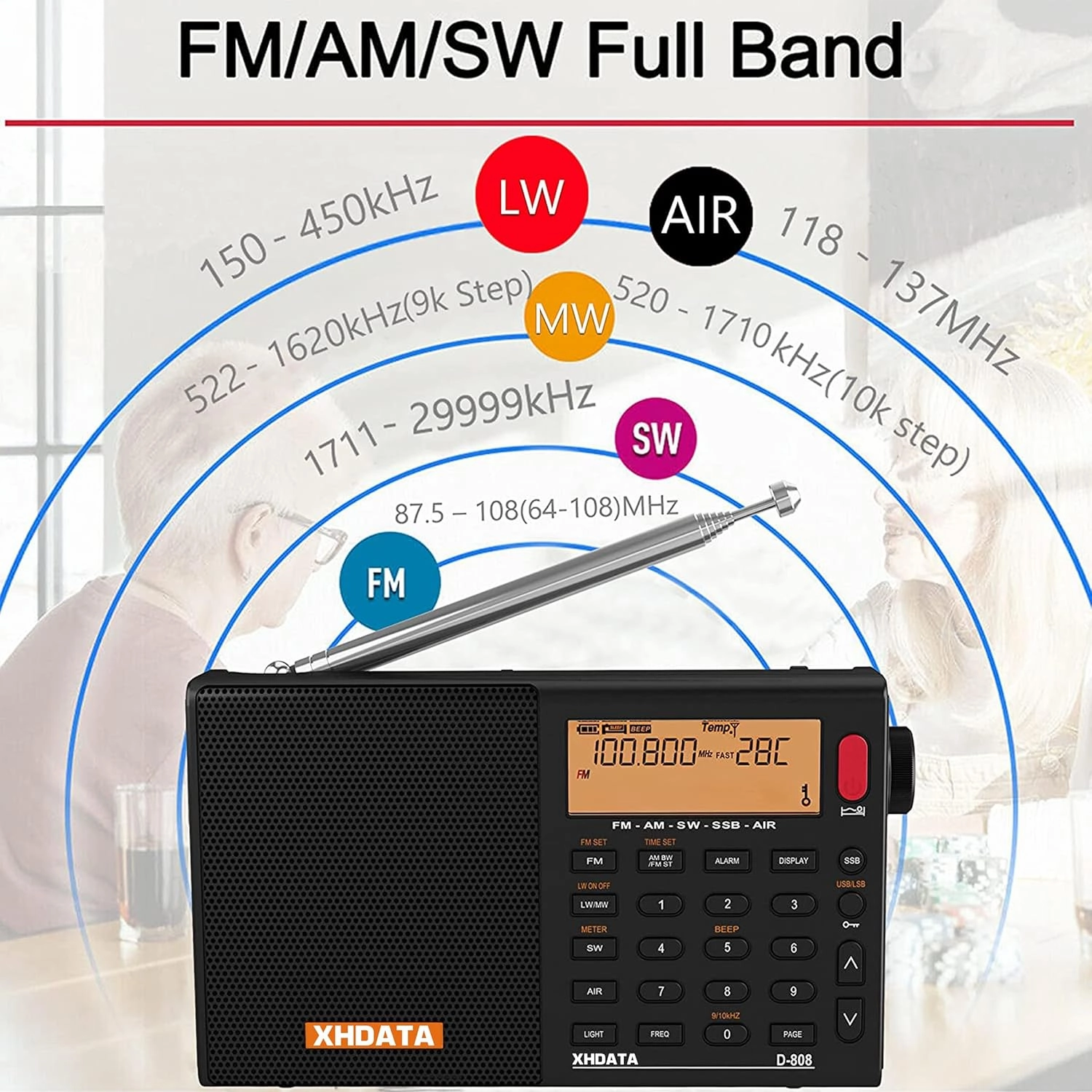 D808 Portable AM FM SW LW Air Band Shortwave Radio SSB RDS Multi Band Digital Radio Speaker with LCD Display Alarm Clock External Antenna (Black)