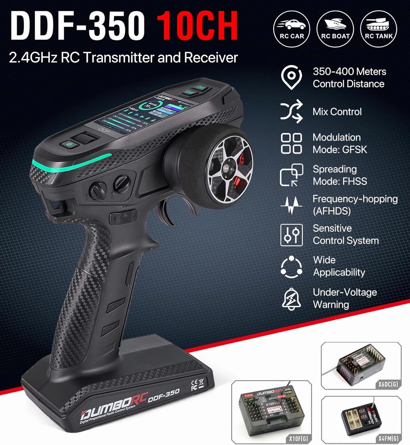 DDF-350 with X10F RC Radio Transmitter and Receiver 10 Channel HD Screen 10CH Remote Controller for RC Car Truck Crawler Boat Tank
