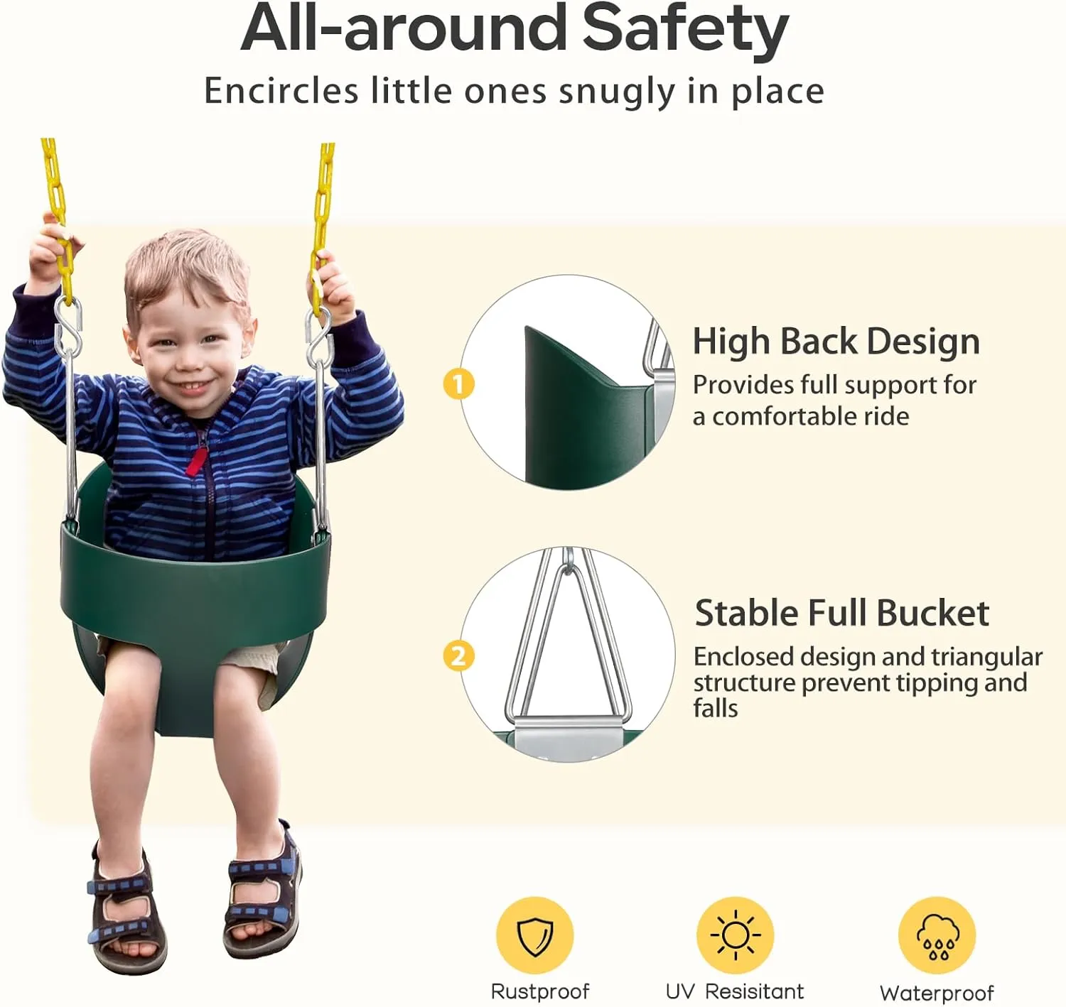 DECORLIFE Toddler Swing, Baby Swing Outdoor –High Back Full Bucket Swing Set for Ages 1-3, 330lb Capacity, Safety Design, Plastic-Coated Chains and Quick-Snap Carabiners for Backyard, Playground