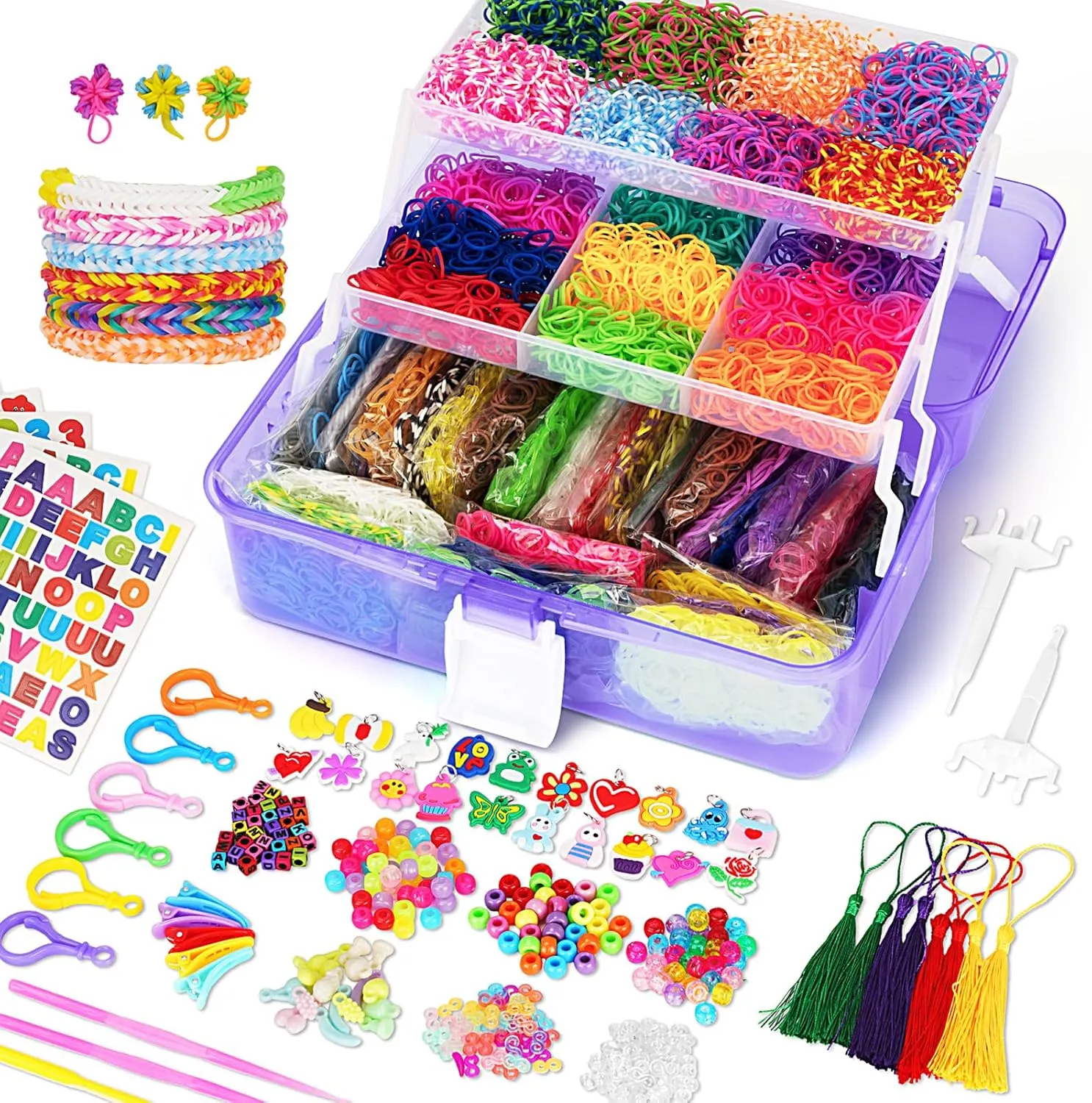 DEHVIHS Rubber Band Bracelet Kit 40 Colors, 18000  Rubber Loom Bands Kit with 3 Layer Container, Rubber Loom Kit for Bracelet Necklace Art DIY Craft （Purple Case）