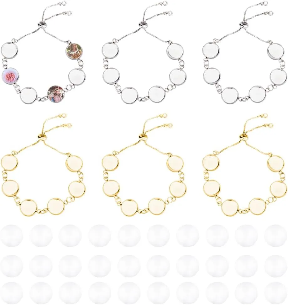 DICOSMETIC 6 Sets 2 Colors Bracelet Bezel Settings DIY Blank Bracelet Making Kit Blanks Base Bangle Cabochon Trays with Adjustable Bracelet Chain for DIY Jewelry Making, Tray: 12mm