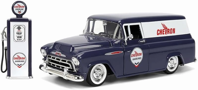 Diecast Collectible Model Car Compatible with Jada Toys 1:24 1957 Chevy Suburban with Chevron Gas Pump Blue Just Trucks Die-Cast 35044