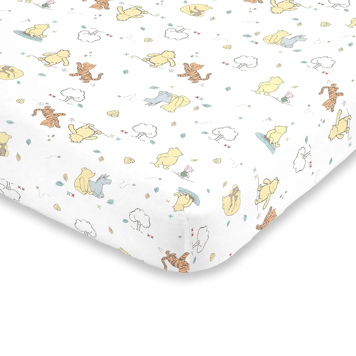 Disney Winnie The Pooh Classic Pooh 100% Cotton Fitted Mini Crib Sheet, Ivory, Butter, Aqua, Orange , 38x24x6 Inch (Pack of 1)