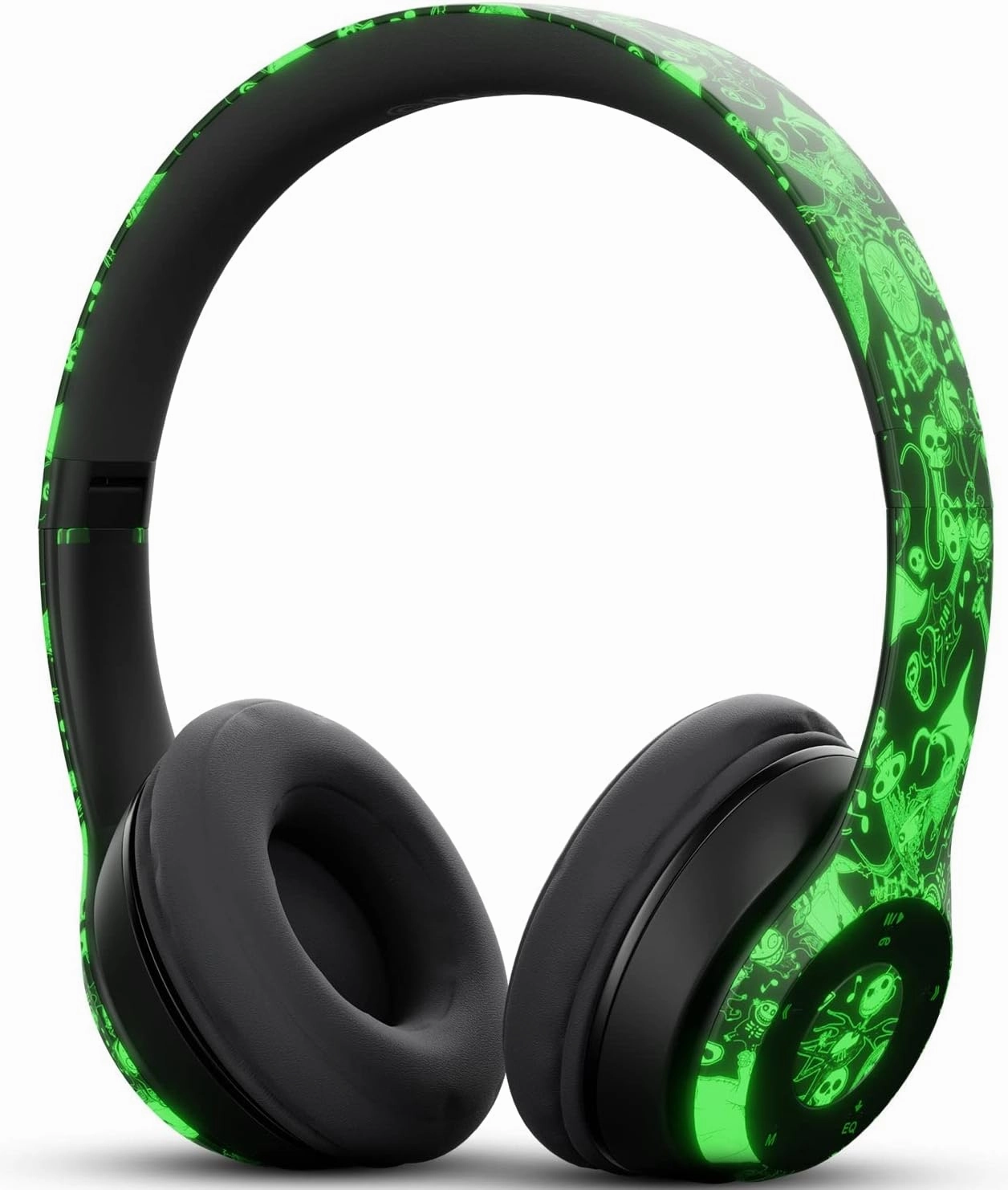 Disney Nightmare Before Christmas Glow in The Dark Bluetooth Headphones Over Ear, Wireless and Wired Foldable Headset Built-in Microphone - Tim Burton Jack Skellington & Sally - Adults Kids