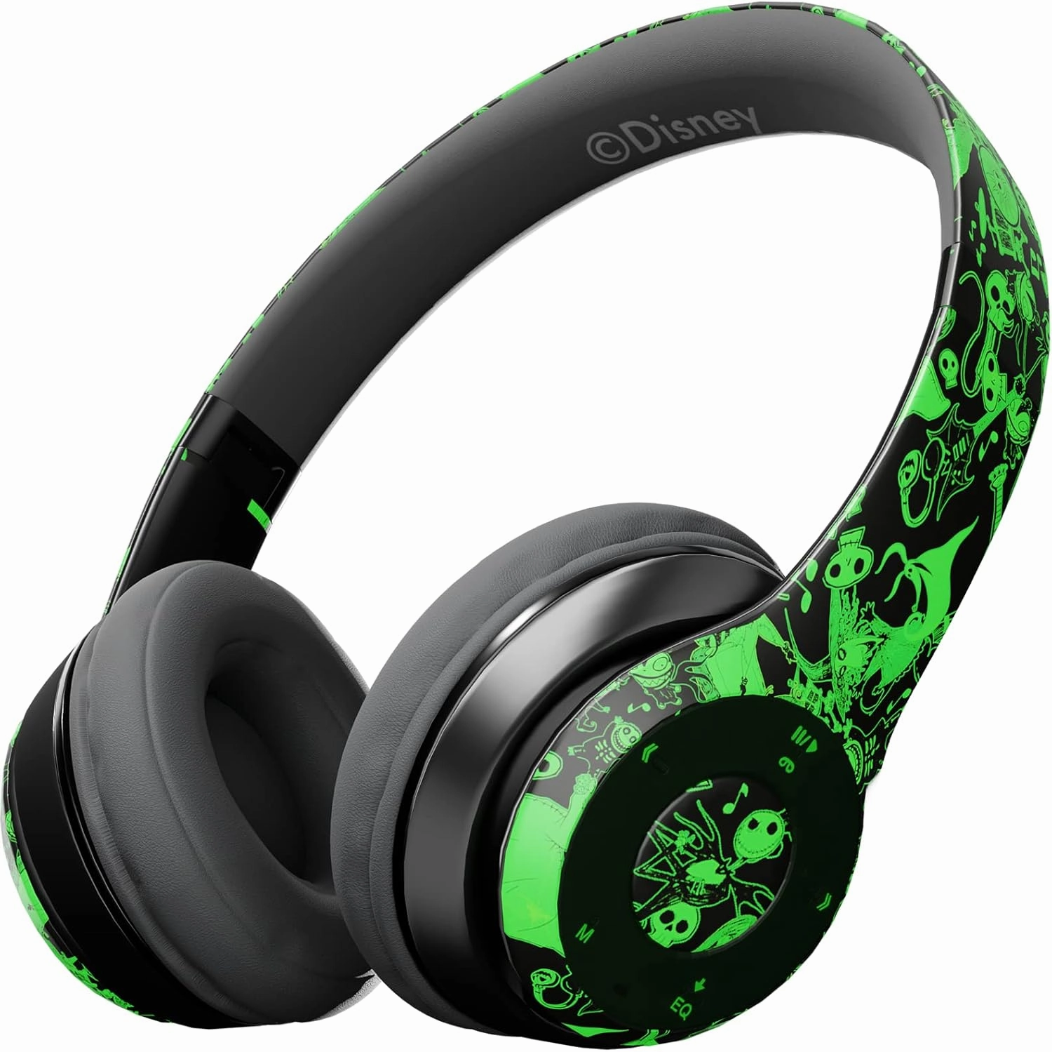 Disney Nightmare Before Christmas Glow in The Dark Bluetooth Headphones Over Ear, Wireless and Wired Foldable Headset Built-in Microphone - Tim Burton Jack Skellington & Sally - Adults Kids