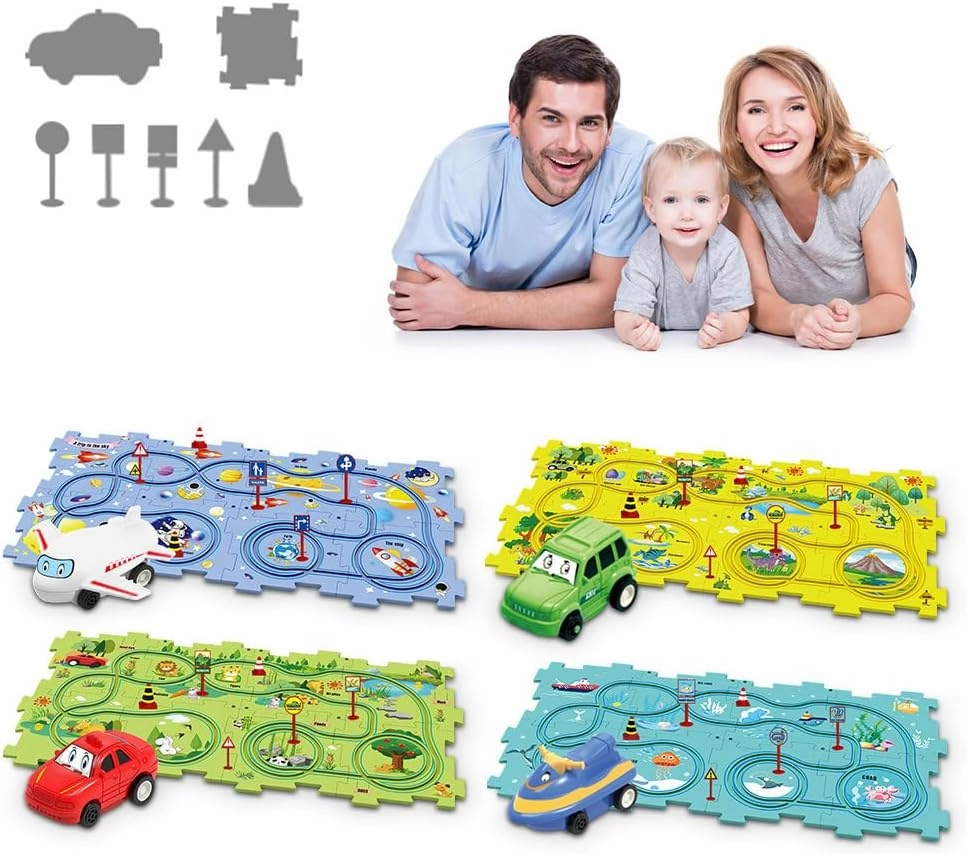 DIY Assembling Electric Trolley, Children's Educational Track Car Set, Toddler Puzzle Track Play Set with Vehicles, Rail Car Building Toys Puzzle DIY Electric Train Track for Kids (15PCS, 4 Sets)