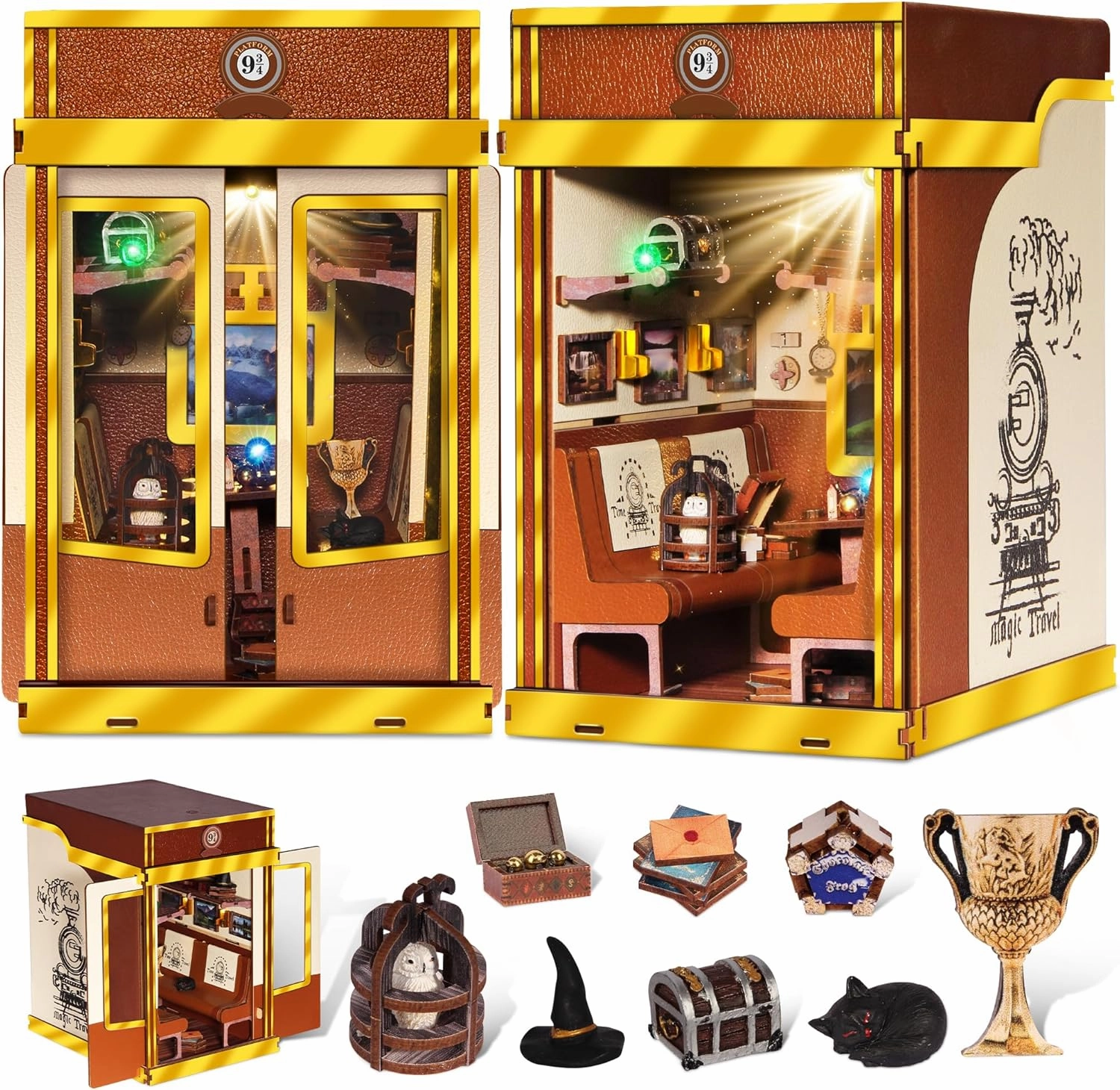 DIY Book Nook Kit, 3D Wooden Puzzle Bookends Bookshelf Booknook, Miniature Dollhouse, Magic Express, Carriage Model, with LED Lights, Dust Cover, Gift for Adult Teen (Magic Travel)