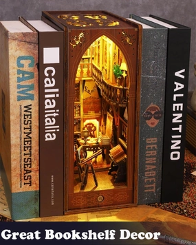 DIY Book Nook Kit, Bookshelf Insert Decor Alley 3D Wooden Puzzles with LED Lights & Motion Sensor, Miniature Dollhouse Kits Bookends Craft Kits for Adults Teens - Library