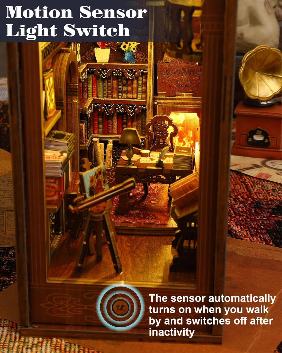 DIY Book Nook Kit, Bookshelf Insert Decor Alley 3D Wooden Puzzles with LED Lights & Motion Sensor, Miniature Dollhouse Kits Bookends Craft Kits for Adults Teens - Library