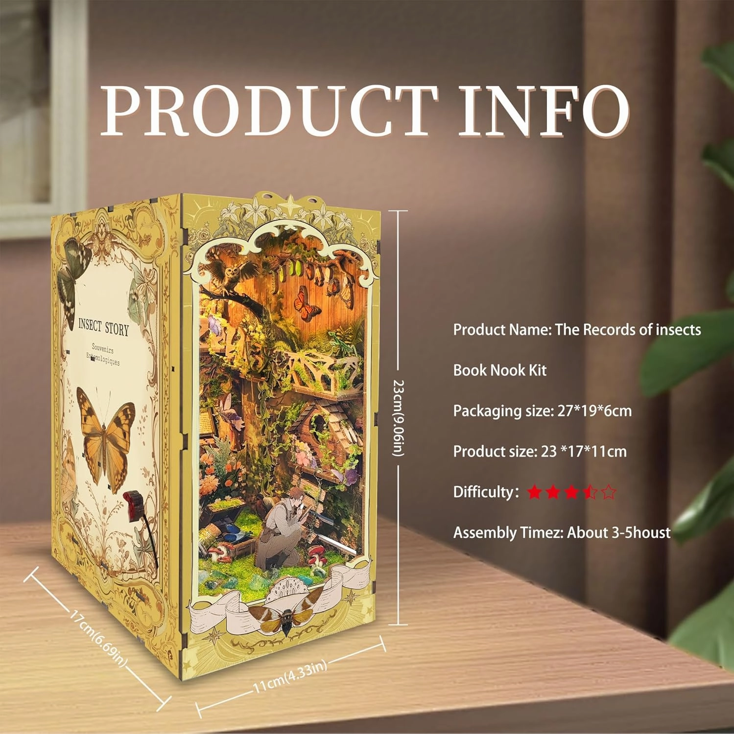 DIY Book Nook Kit,DIY Dollhouse Booknook Bookshelf Insert Decor,3D Wooden Puzzles with LED Dust Cover,Book Nook Miniature Kit,Birthday Halloween Home Decor for Teens Adult-Insects Story