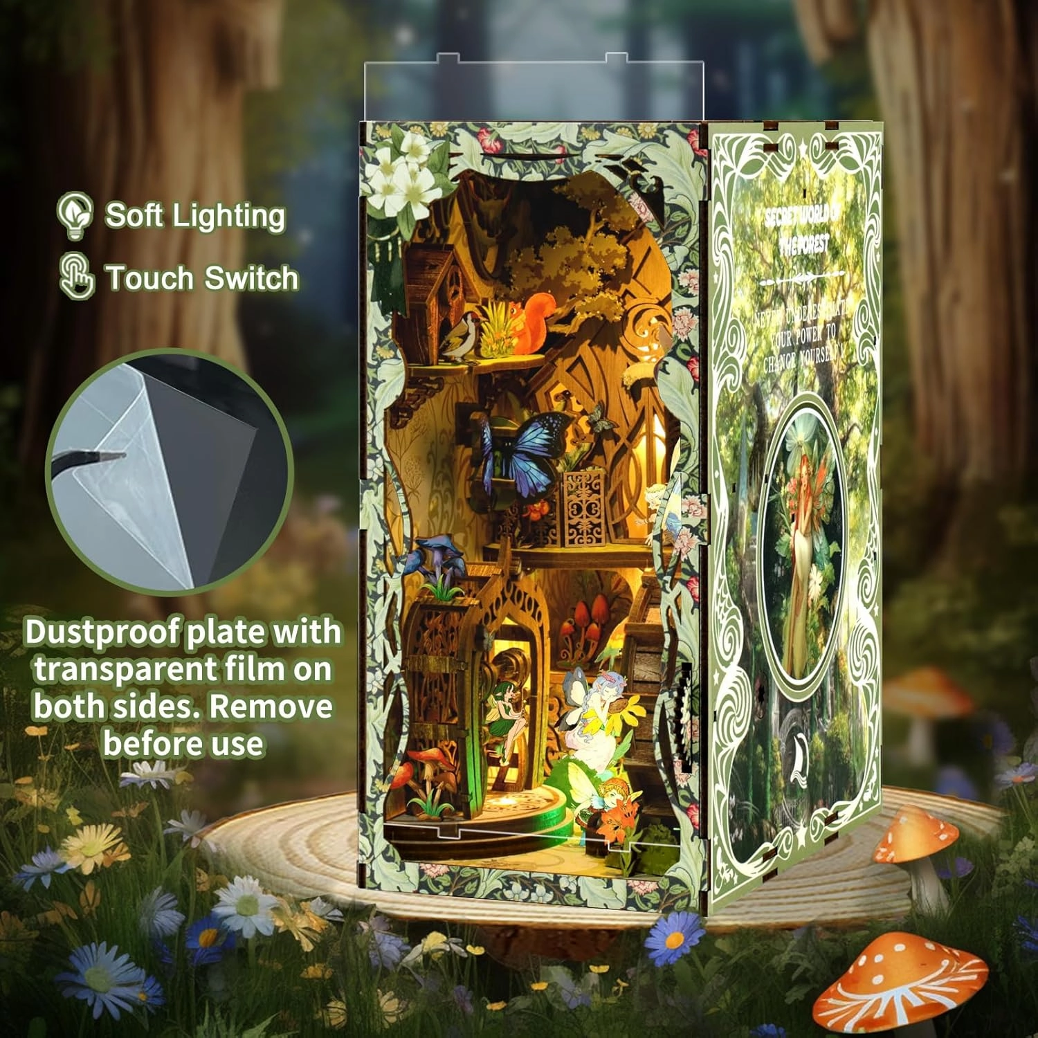 DIY Book Nook Kit for Adults - Forest Secret Realm Miniature Bookshelf Decor with LED Lights & Dustproof Cover, Creative Gifts for Book Lovers, Home Office Desk Decoration