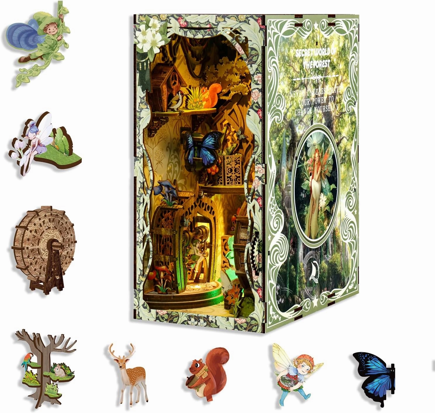 DIY Book Nook Kit for Adults - Forest Secret Realm Miniature Bookshelf Decor with LED Lights & Dustproof Cover, Creative Gifts for Book Lovers, Home Office Desk Decoration