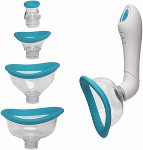 Doc Johnson Bloom - Intimate Body Pump - Automatic - Vibrating - Rechargeable - 4-in-1 Interchangable Set - Heightens Sensitvity, Sky Blue/White