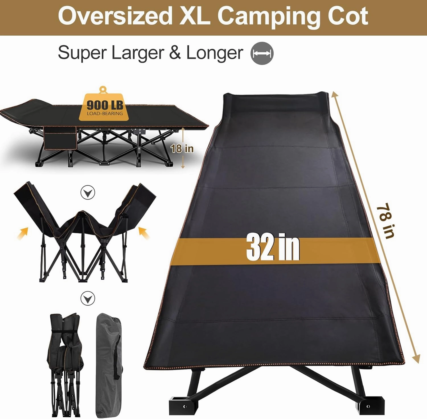 DoCred Oversized XXL Folding Camping Cot with Mattress, 2 Pack Heavy Duty Sleeping Cot Bed Portable Adults Outdoor Bed with Carry Bag, Travel Camp Cots