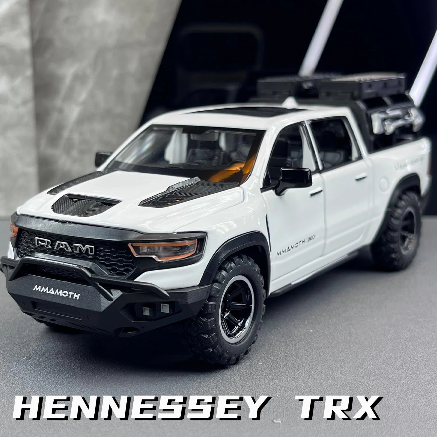Dodge Mammoth Pickup Truck Simulation car Alloy Toy Tyrannosaurus Rex Model boy Collection Ornament Gift （White）