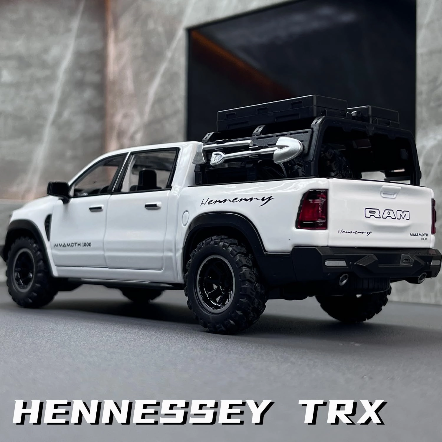 Dodge Mammoth Pickup Truck Simulation car Alloy Toy Tyrannosaurus Rex Model boy Collection Ornament Gift （White）