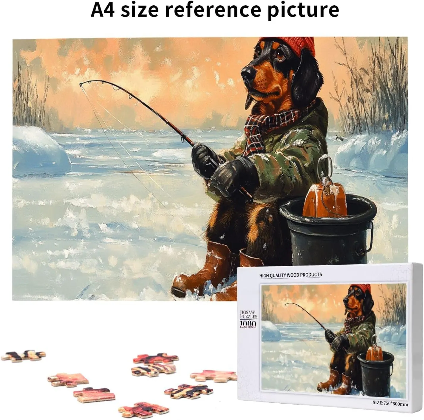 Dog Fishing in The Snow，1000 Pcs Wooden Jigsaw Puzzles,Let Your Imagination Run Wild，Fun and Entertaining Game to Complete in Your Free Time with The Family，Forget The Troubles of Life