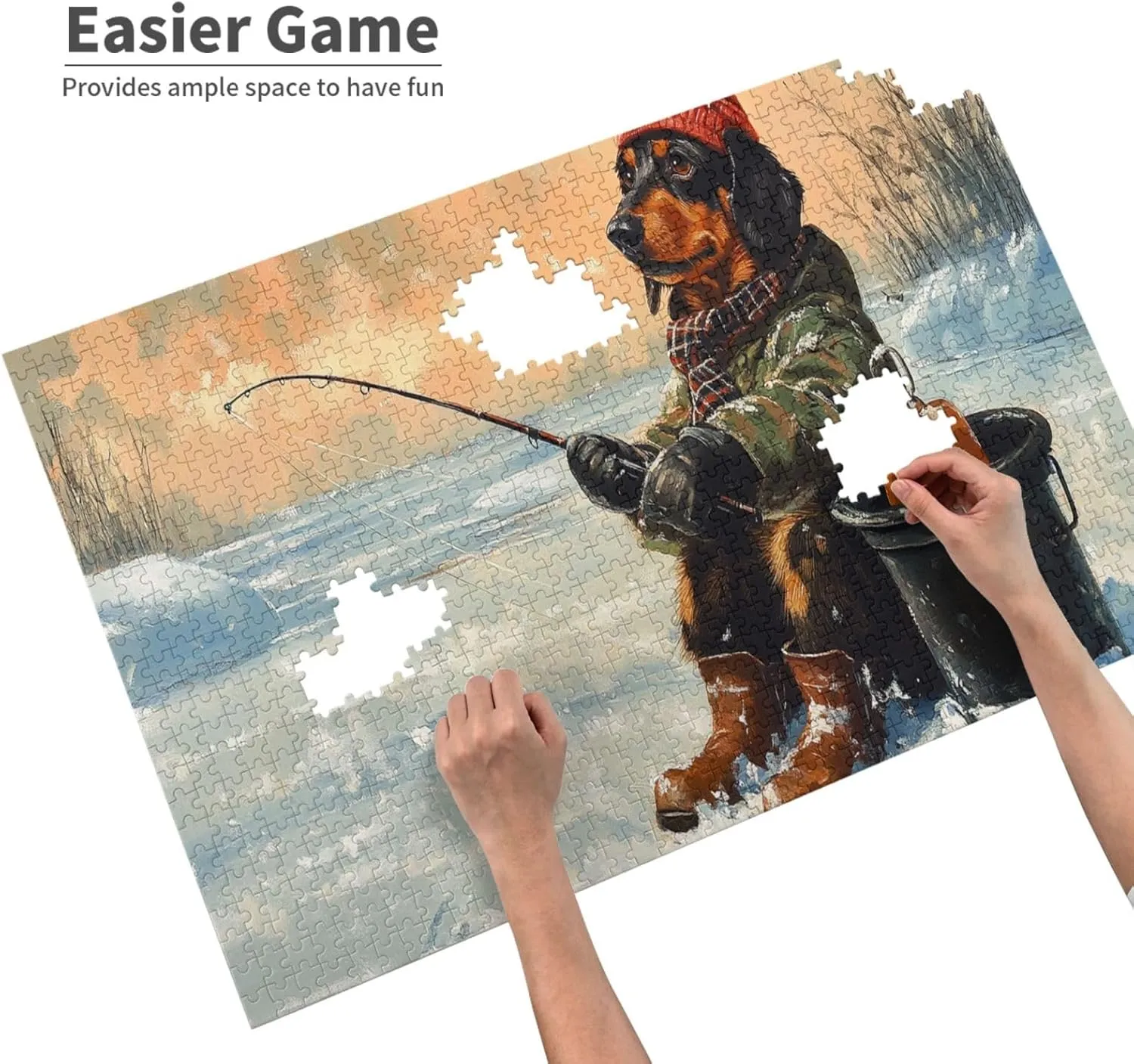 Dog Fishing in The Snow，1000 Pcs Wooden Jigsaw Puzzles,Let Your Imagination Run Wild，Fun and Entertaining Game to Complete in Your Free Time with The Family，Forget The Troubles of Life