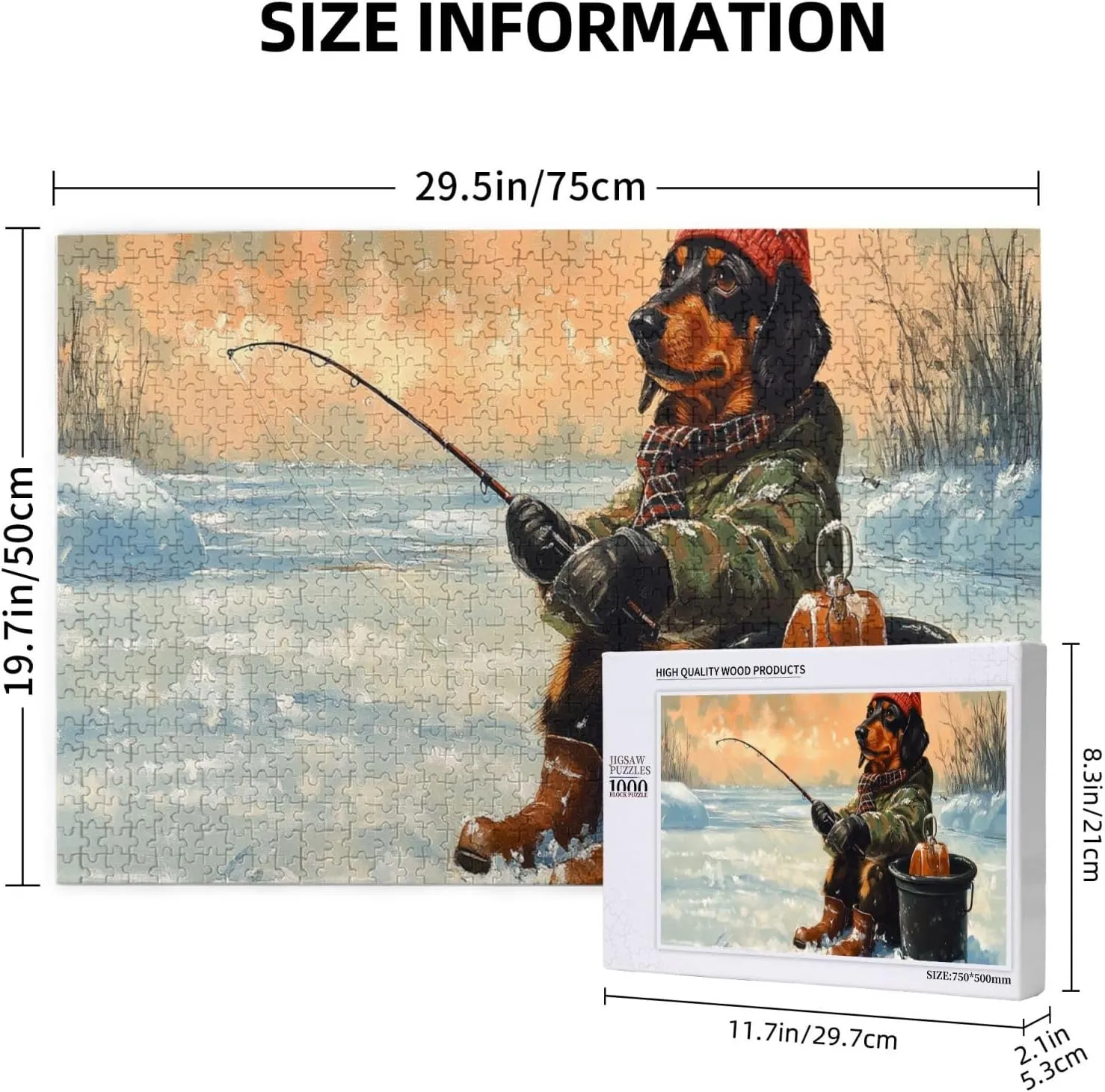 Dog Fishing in The Snow，1000 Pcs Wooden Jigsaw Puzzles,Let Your Imagination Run Wild，Fun and Entertaining Game to Complete in Your Free Time with The Family，Forget The Troubles of Life