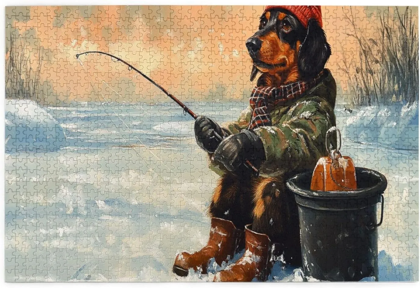 Dog Fishing in The Snow，1000 Pcs Wooden Jigsaw Puzzles,Let Your Imagination Run Wild，Fun and Entertaining Game to Complete in Your Free Time with The Family，Forget The Troubles of Life