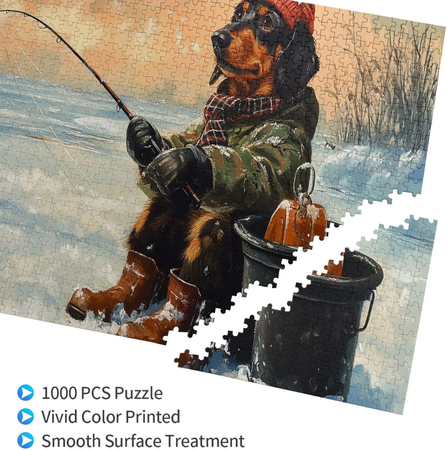 Dog Fishing in The Snow，1000 Pcs Wooden Jigsaw Puzzles,Let Your Imagination Run Wild，Fun and Entertaining Game to Complete in Your Free Time with The Family，Forget The Troubles of Life
