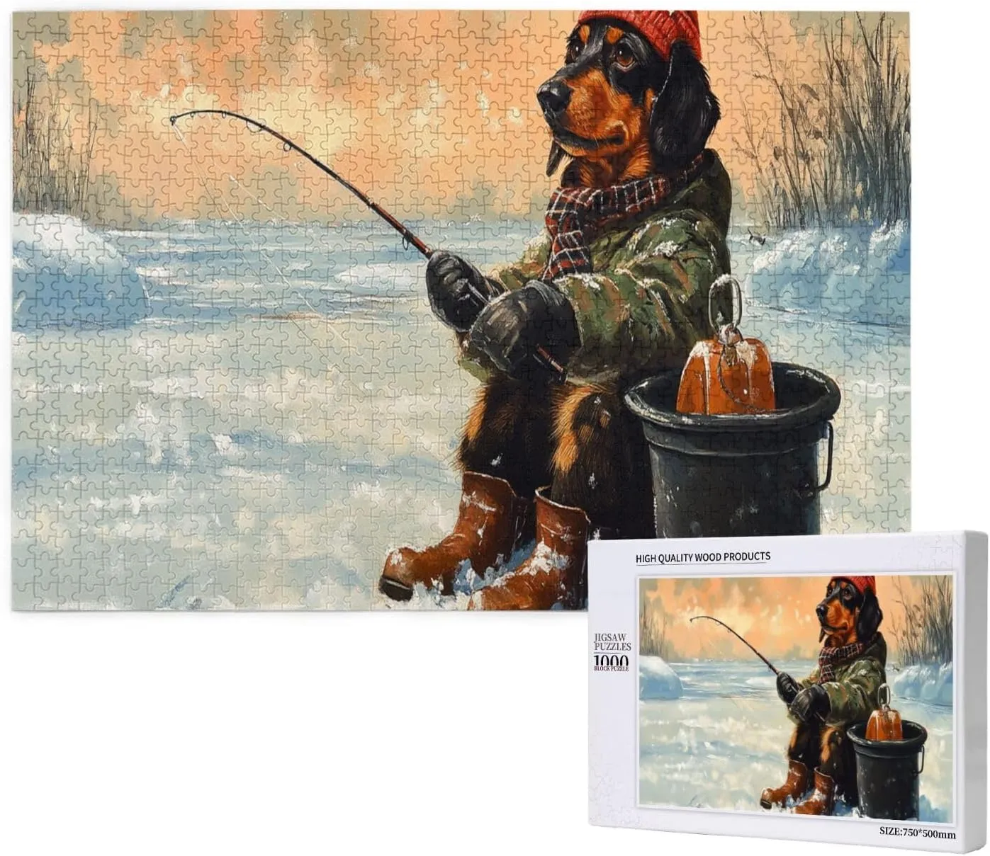 Dog Fishing in The Snow，1000 Pcs Wooden Jigsaw Puzzles,Let Your Imagination Run Wild，Fun and Entertaining Game to Complete in Your Free Time with The Family，Forget The Troubles of Life