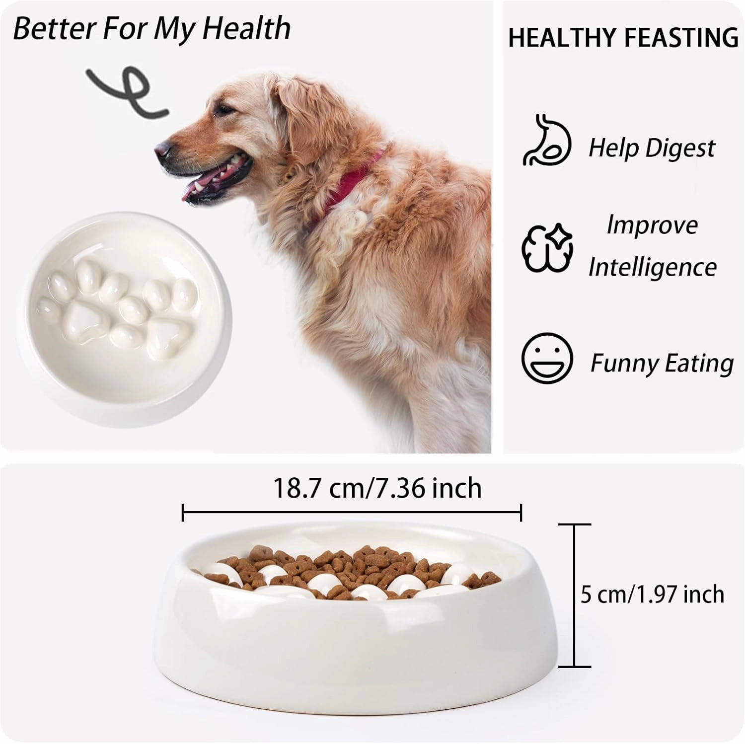 Dog Slow Feeder Bowl Ceramic, Non-Slip Slow Feeder Bowl for Small Medium Dogs & Cats, Puzzle Puppy Food Dish for Fast Eater