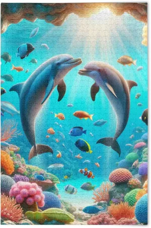Dolphin Fish Ocean Life Jigsaw Puzzles 500 Pieces for Adults Friends Family Game Gifts Custom Cool Prime Puzzles Animal Painting, 20.5" x 14.9"