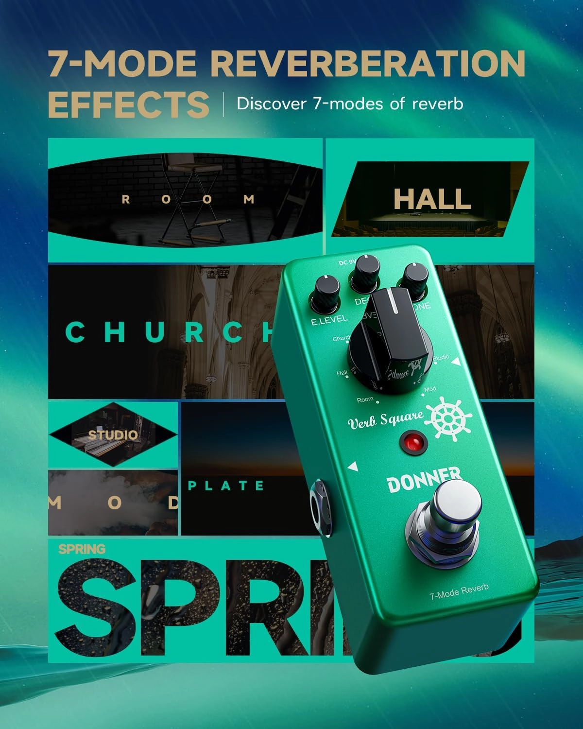 Donner Reverb Guitar Pedal, Verb Square Digital Reverb 7 Modes Room, Hall, Church, Spring, Plate, Studio, Mod, True Bypass